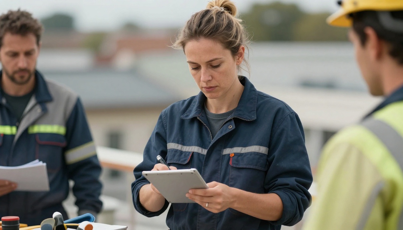 Roofers professional at work with AI overlay