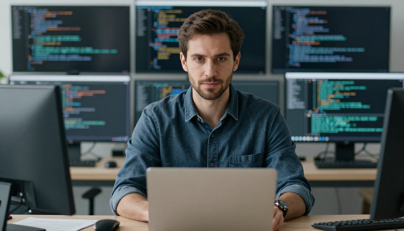 Web and Digital Interface Designers professional at work with AI overlay